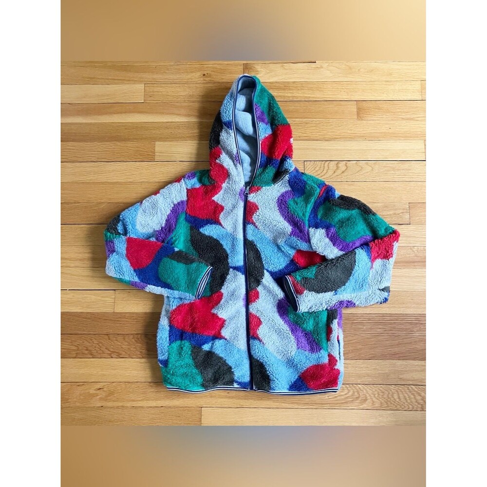 Mini Boden Grey Colorful Camo Reversible Fleece Full Zip Hoodie Jacket 11-12